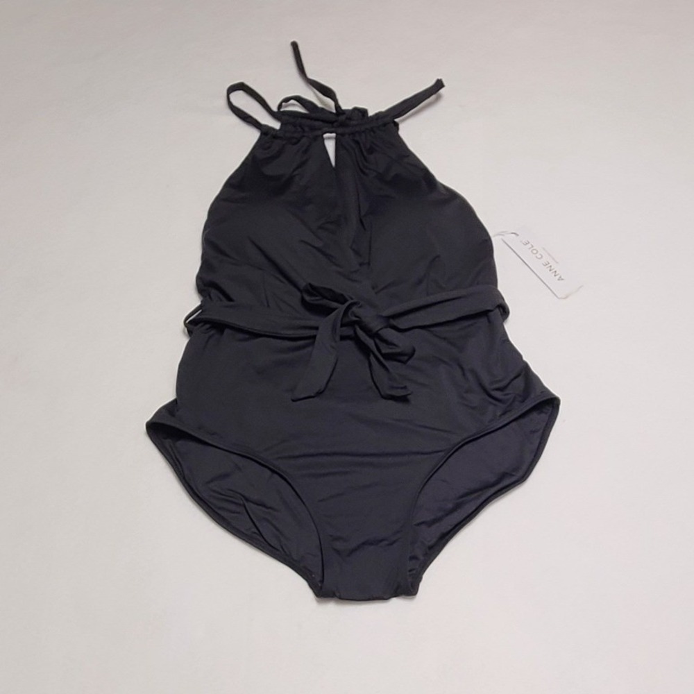 Anne Cole Women's Black Halter Wrap One Piece Swimsuit Tie Waist 12 NEW